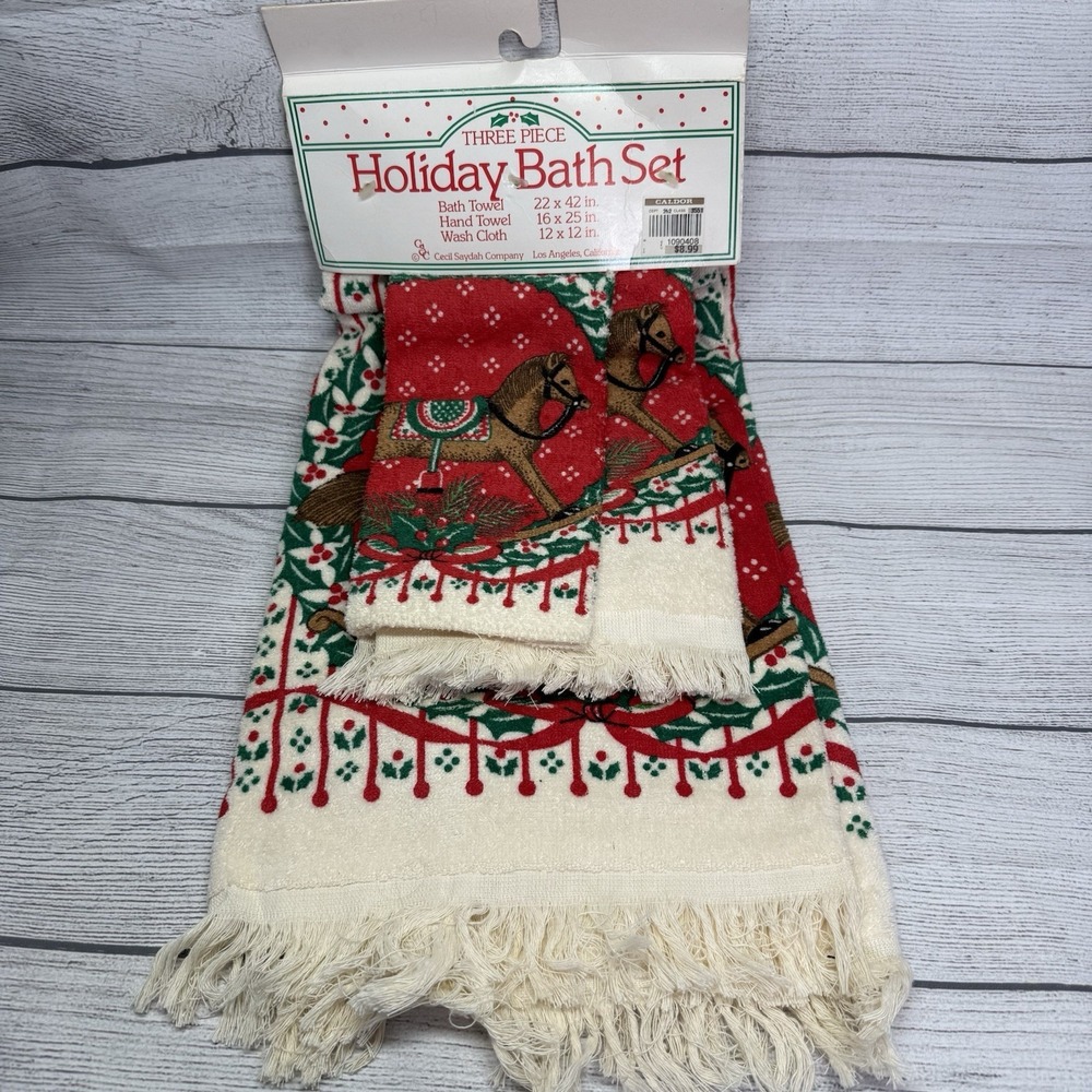 3 Piece Christmas Holiday Towel Bath Set Rocking Horse Vintage New Cecil